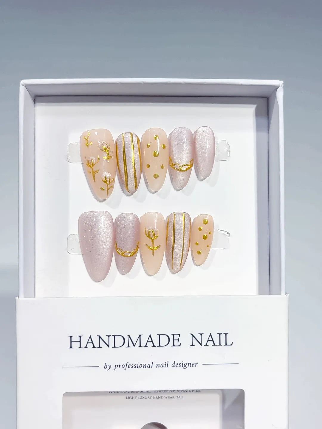 Nude White Gold Abstract Gold Line Gold Stud press on nails full set view