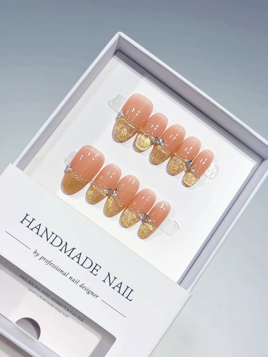 Nude Gold Glitter Bow Rhinestone press on nails