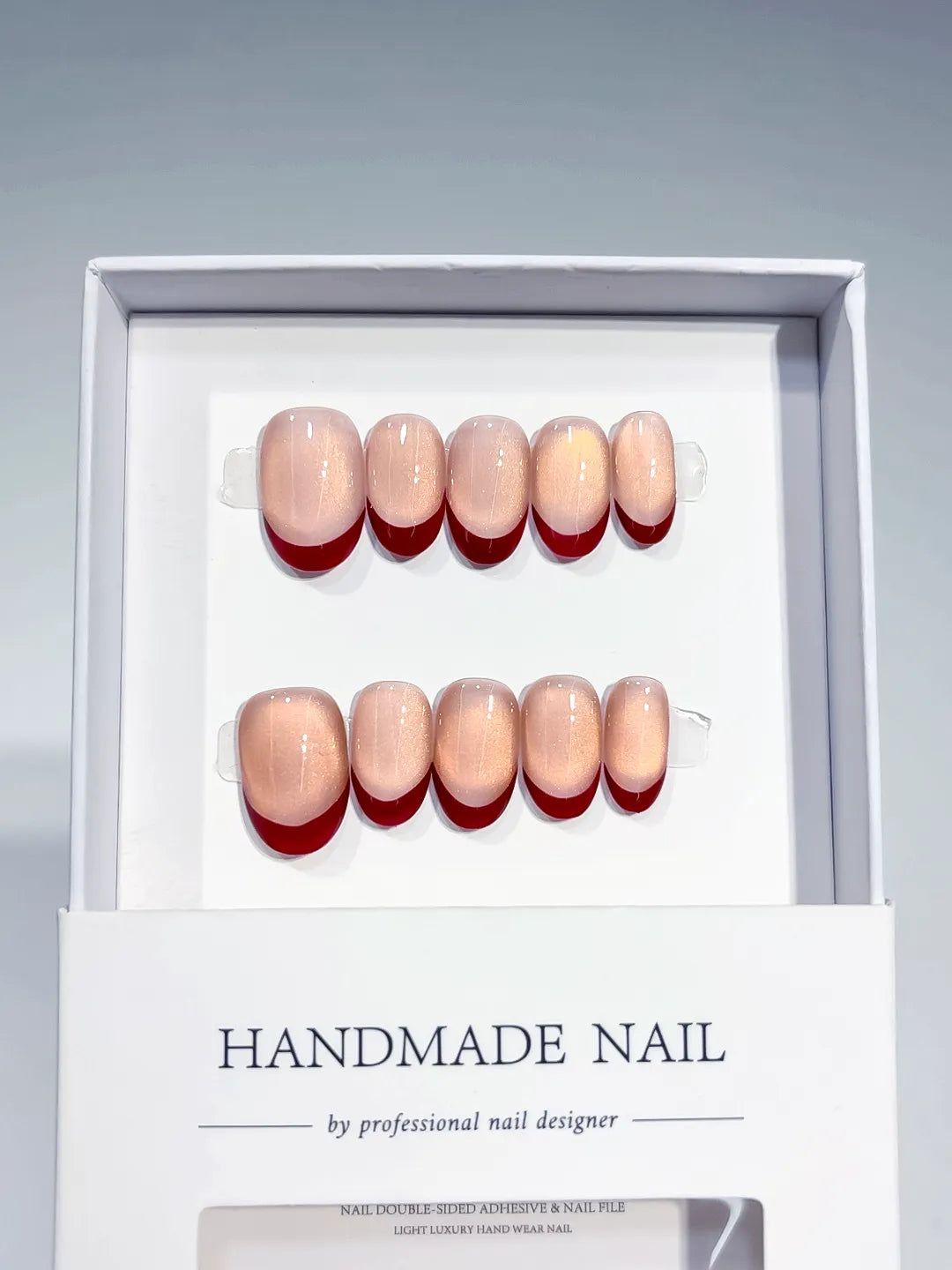 Nude Red Multicolor French tip Aurora Sheen press on nails full set view