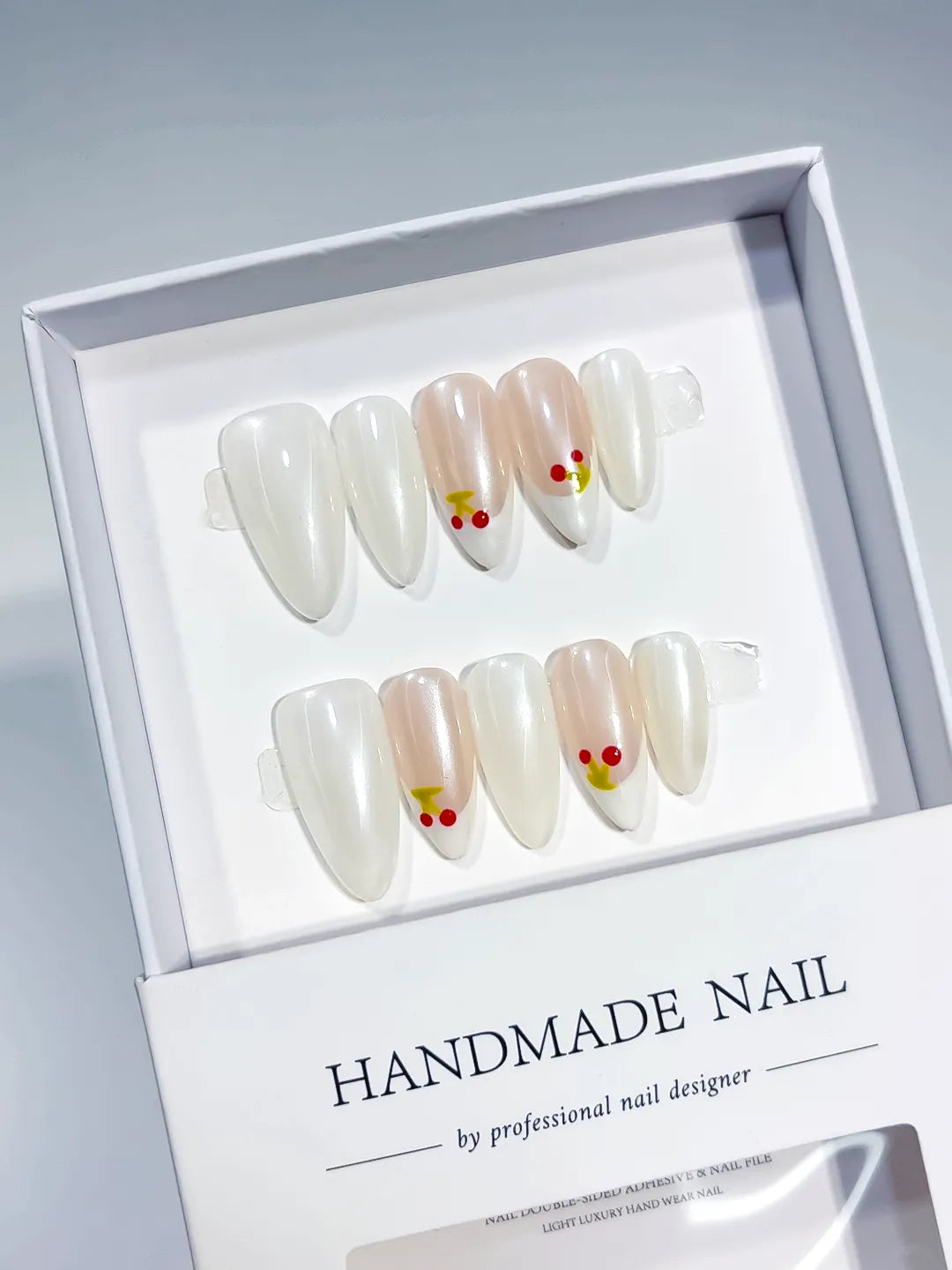 White Nude Solid color Cherry press on nails full set view
