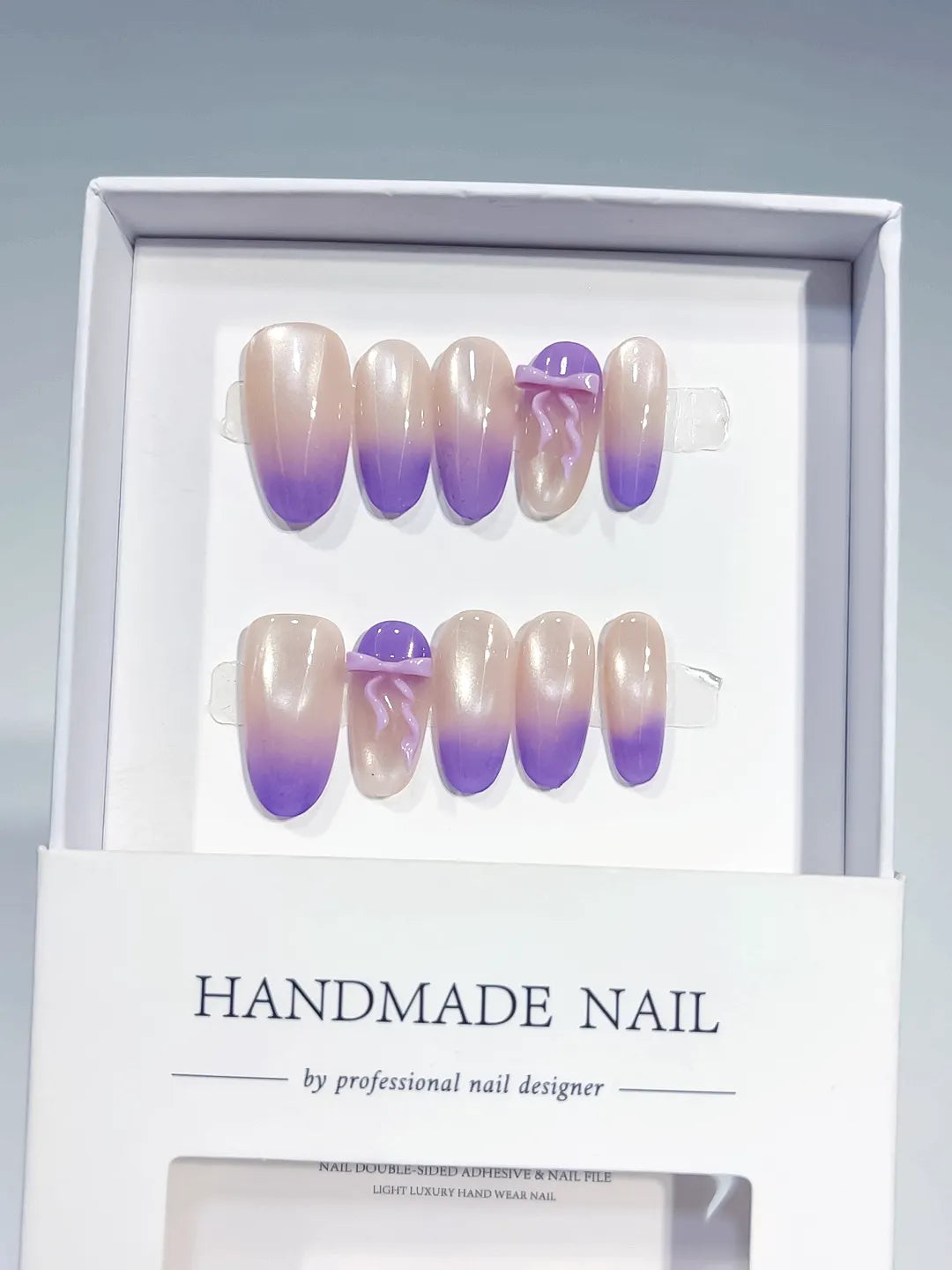 Nude Purple Ombre Bow press on nails full set view