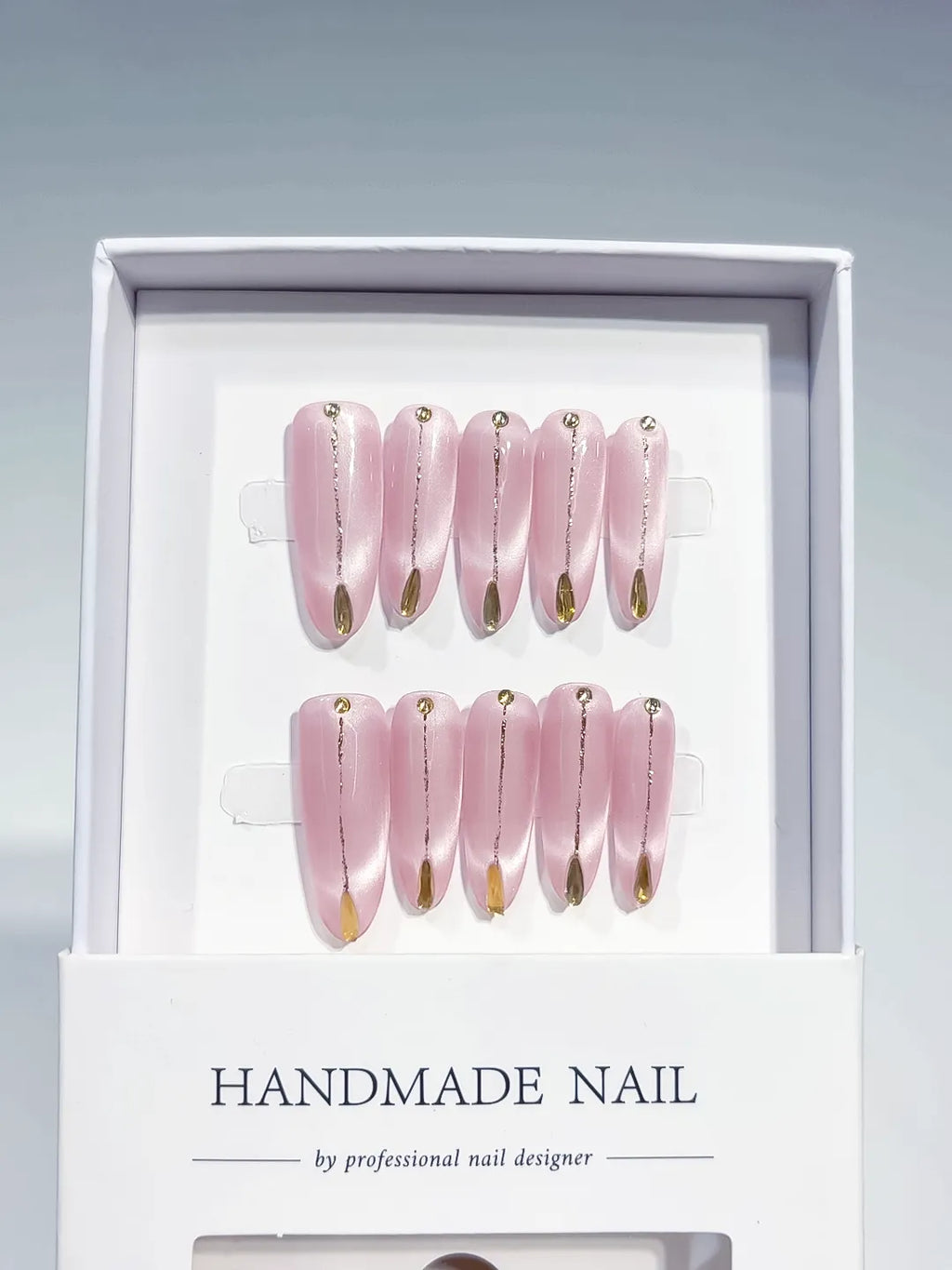 Pink Gold Metallic Gold Tip Rhinestone press on nails angled view