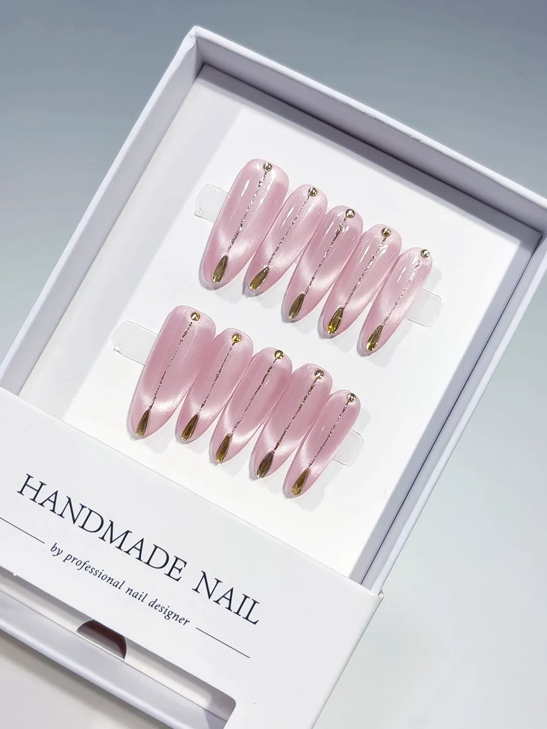Pink Gold Metallic Gold Tip Rhinestone press on nails