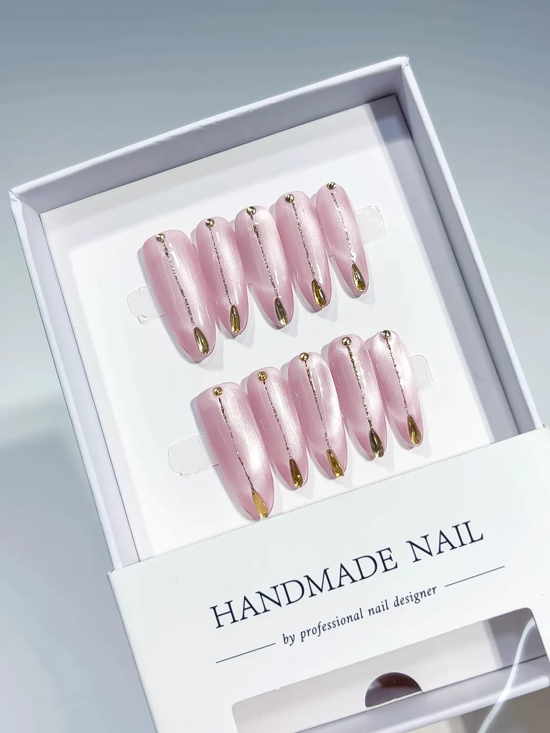 Pink Gold Metallic Gold Tip Rhinestone press on nails full set view