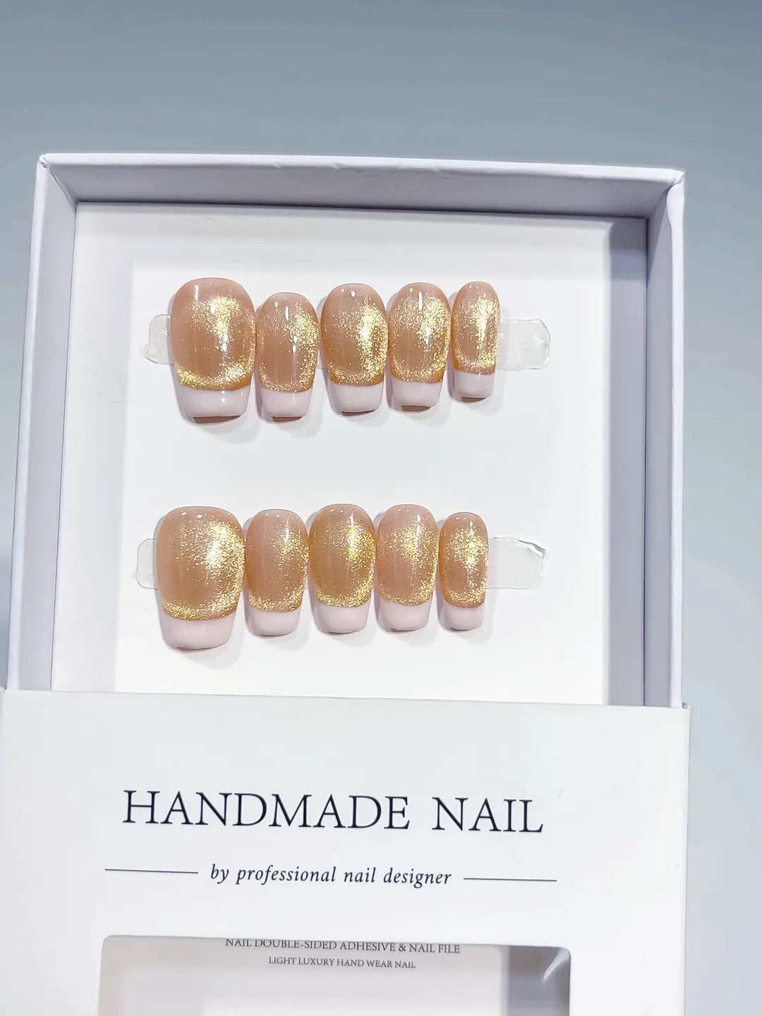 Nude Gold White French tip Glitter press on nails full set view