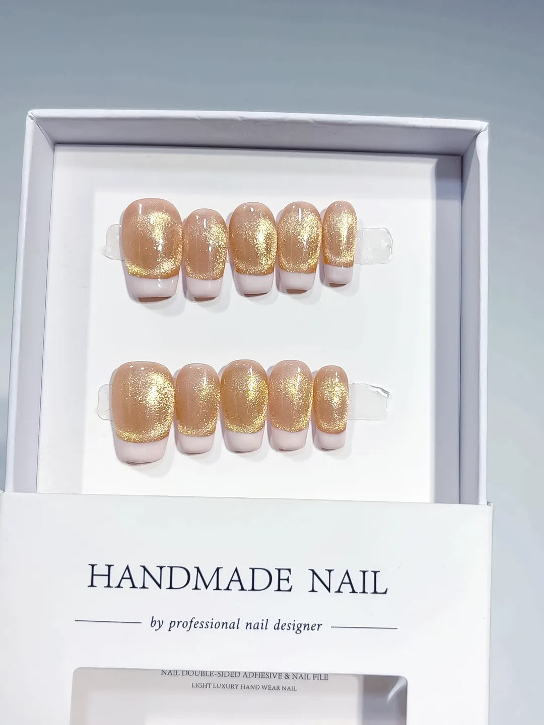 Nude Gold White French tip press on nails full set view