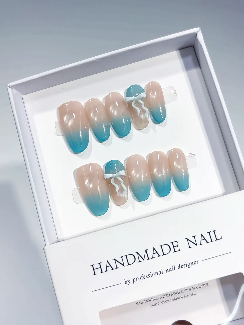 Nude Blue Ombre Bow press on nails full set view