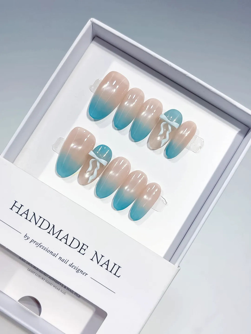 Nude Blue Ombre Bow press on nails