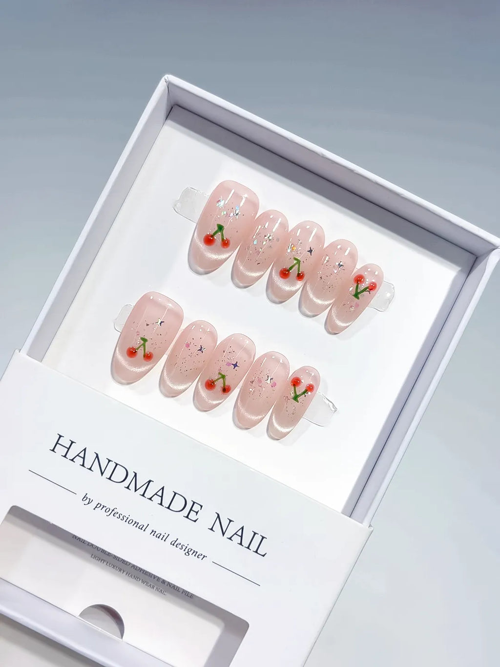 Nude Pink Solid color Cherry Glitter press on nails