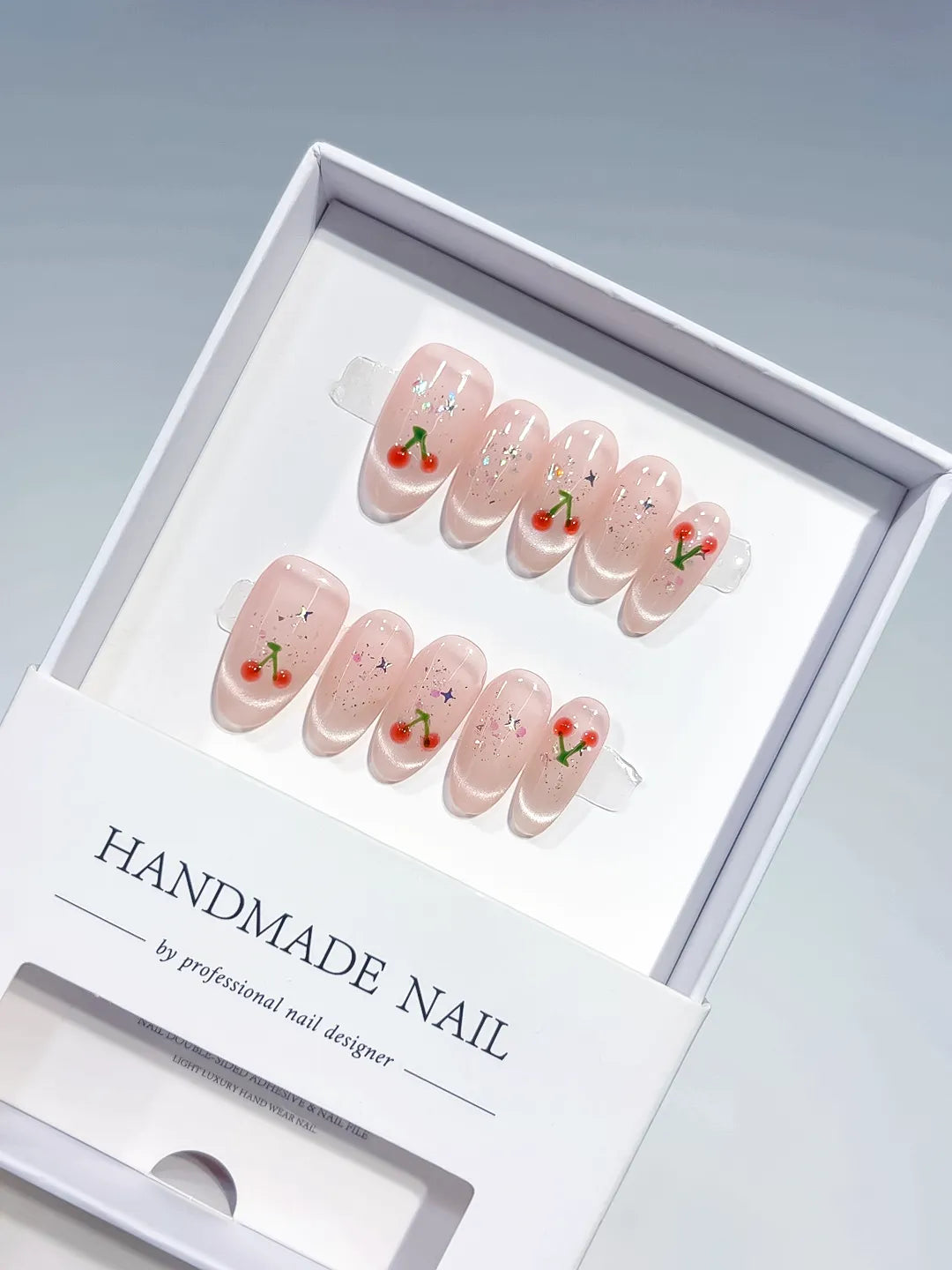 Nude Pink Solid color Cherry Glitter press on nails