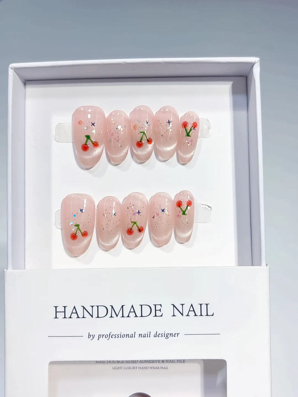 Nude Pink Solid color Cherry Glitter press on nails full set view