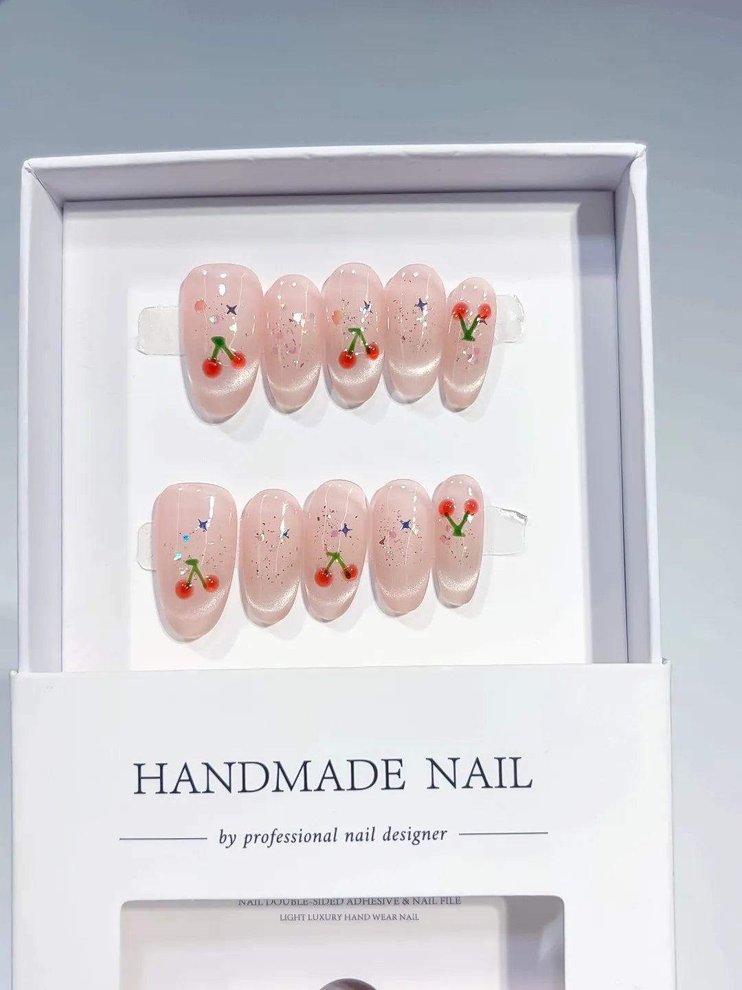 Nude Pink Solid color Cherry Glitter press on nails full set view