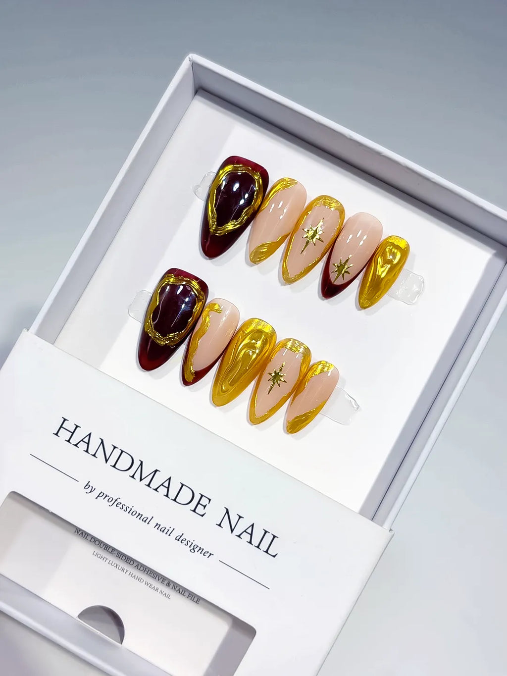 Red Gold Nude Metallic Star Gold Frame press on nails