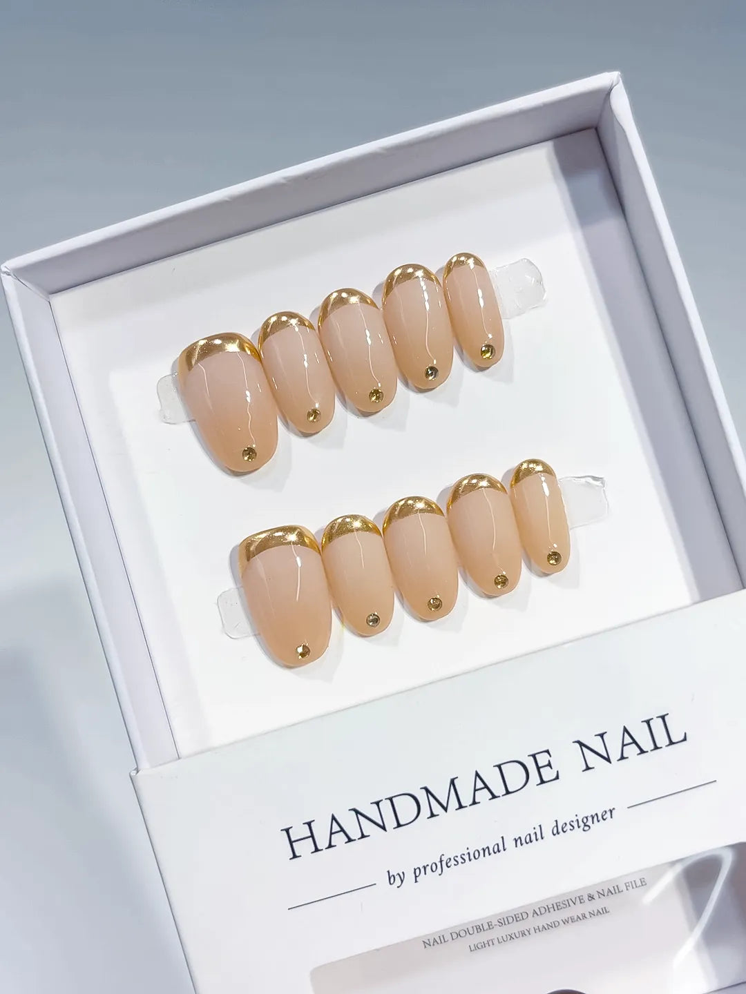 Nude Gold French tip Rhinestone press on nails full set view