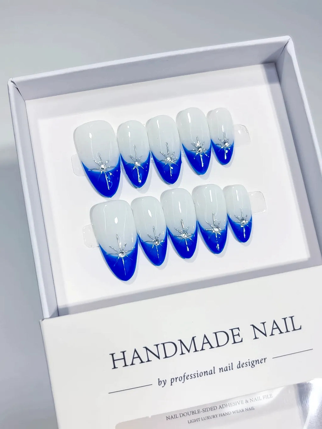 Medium Almond Blue French Handmade Press-On Nails, 3D Rhinestone