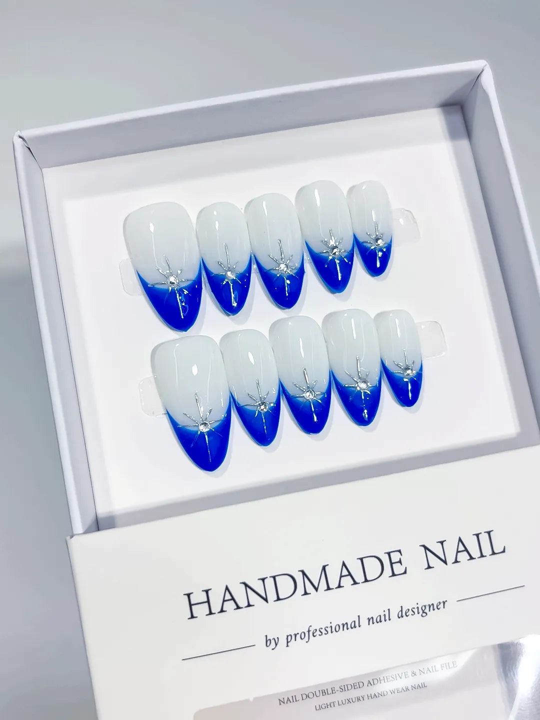 Medium Almond Blue French Handmade Press-On Nails, 3D Rhinestone