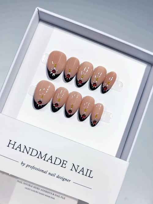 Handmade press on nails short almond nude with French black tips and red rose centerpiece