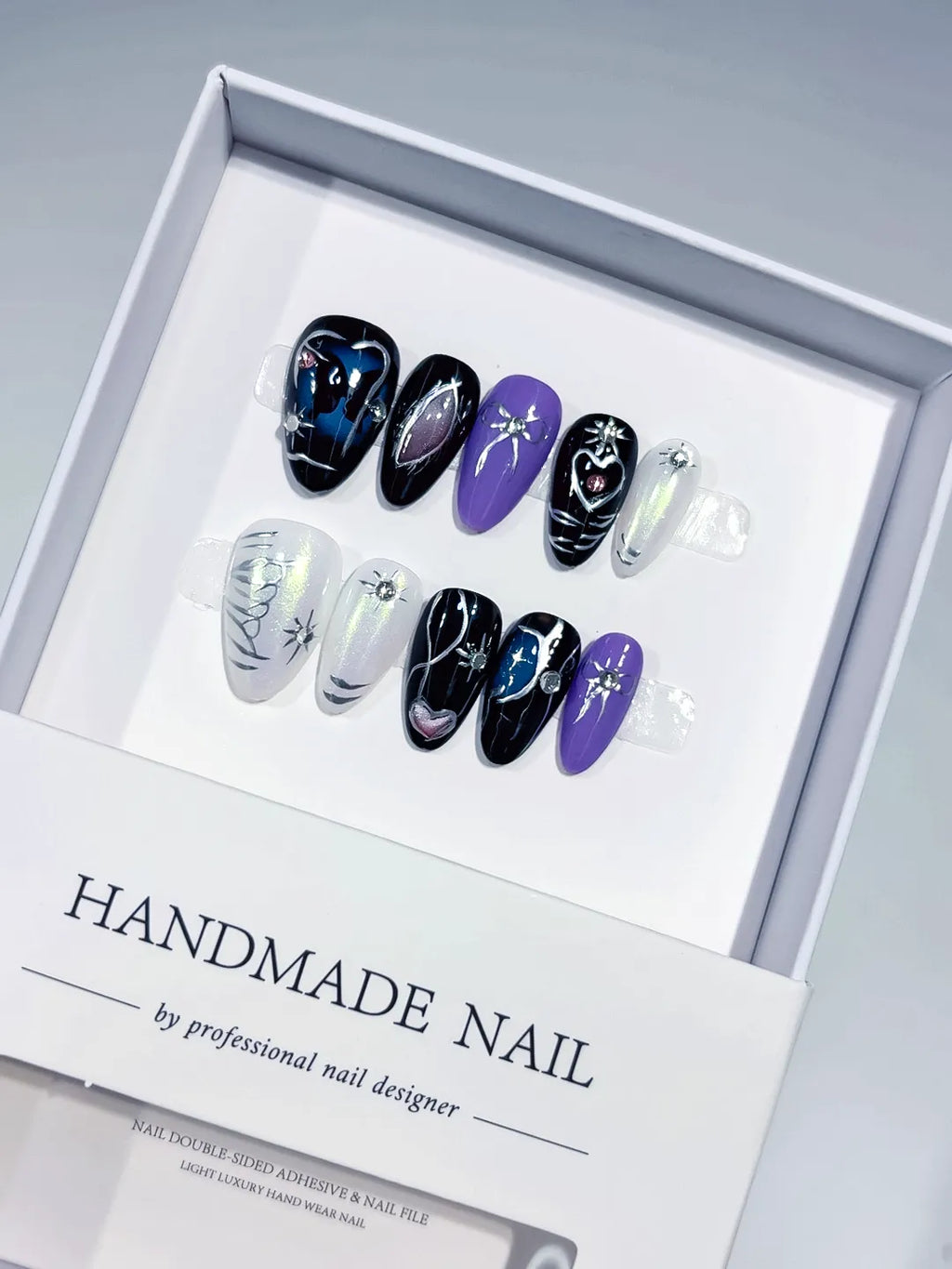 Handmade press on nails short almond black purple with butterfly and heart accents centerpiece