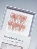 Long almond nude pink handmade press on nails with 3D swirl centerpiece