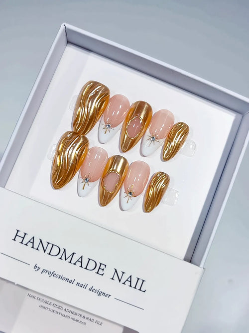 handmade press on nails long almond gold swirl 3D French centerpiece