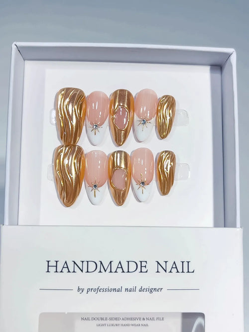 handmade press on nails long almond gold swirl 3D French centerpiece