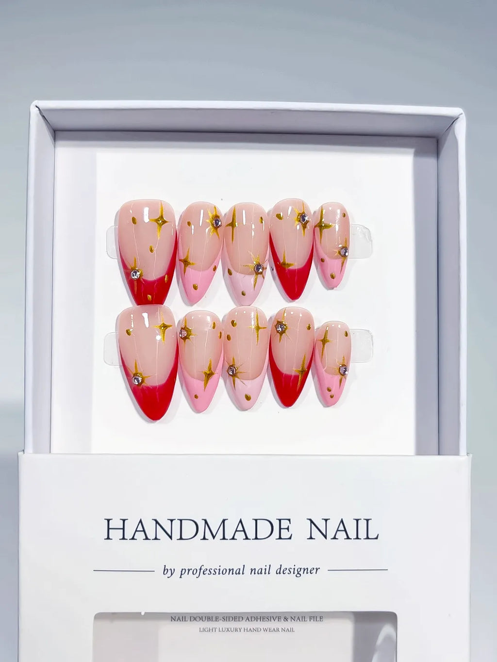 Nude Red Gold French tip Star Rhinestone press on nails full set view