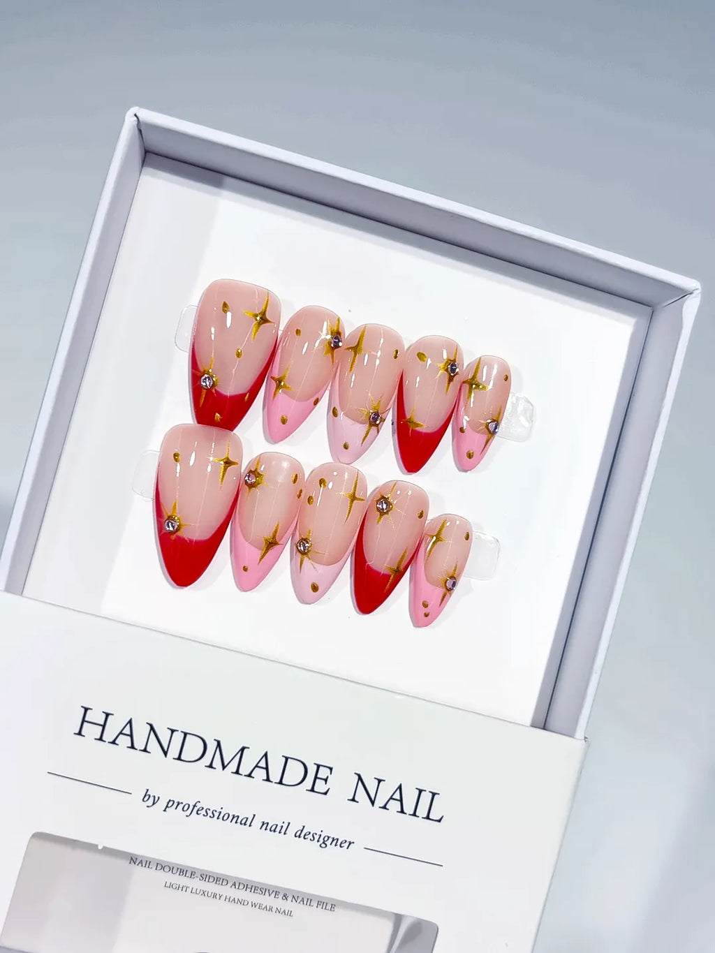 Nude Red Gold French tip Star Rhinestone press on nails