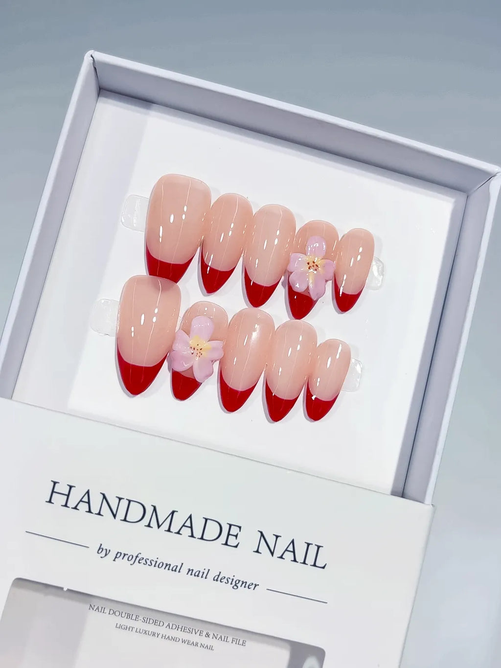 Nude Red Pink French tip Flower press on nails
