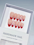 Nude Red Pink French tip Flower press on nails
