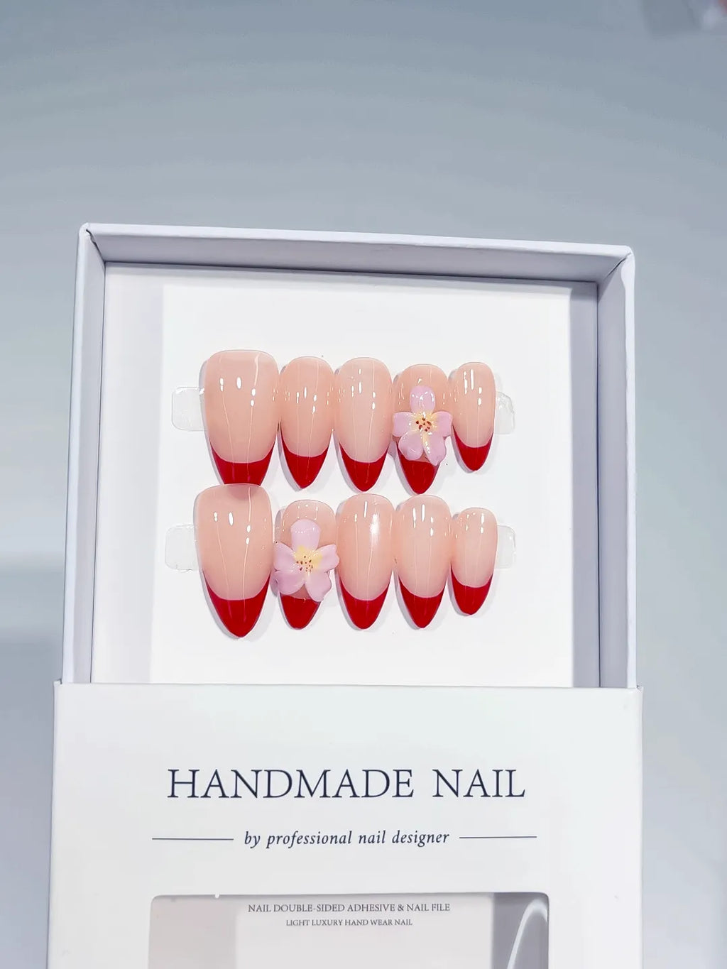 Nude Red Pink French tip Flower press on nails full set view