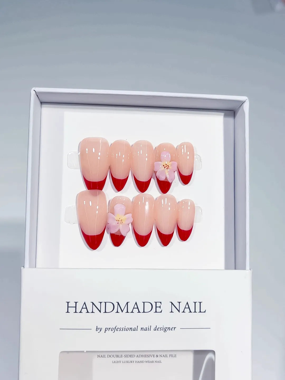 Nude Red Pink French tip Flower press on nails full set view