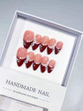 Nude Red White French tip Flower Pearl Line press on nails