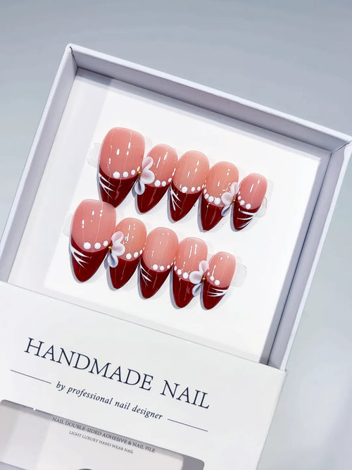 Nude Red White French tip Flower Pearl Line press on nails