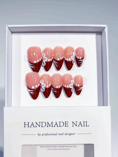 Nude Red White French tip Flower Pearl Line press on nails full set view