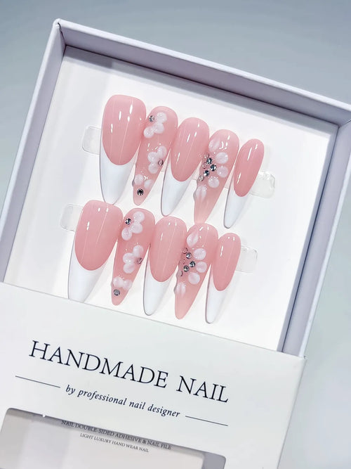 Pink White French tip Flower Rhinestone press on nails
