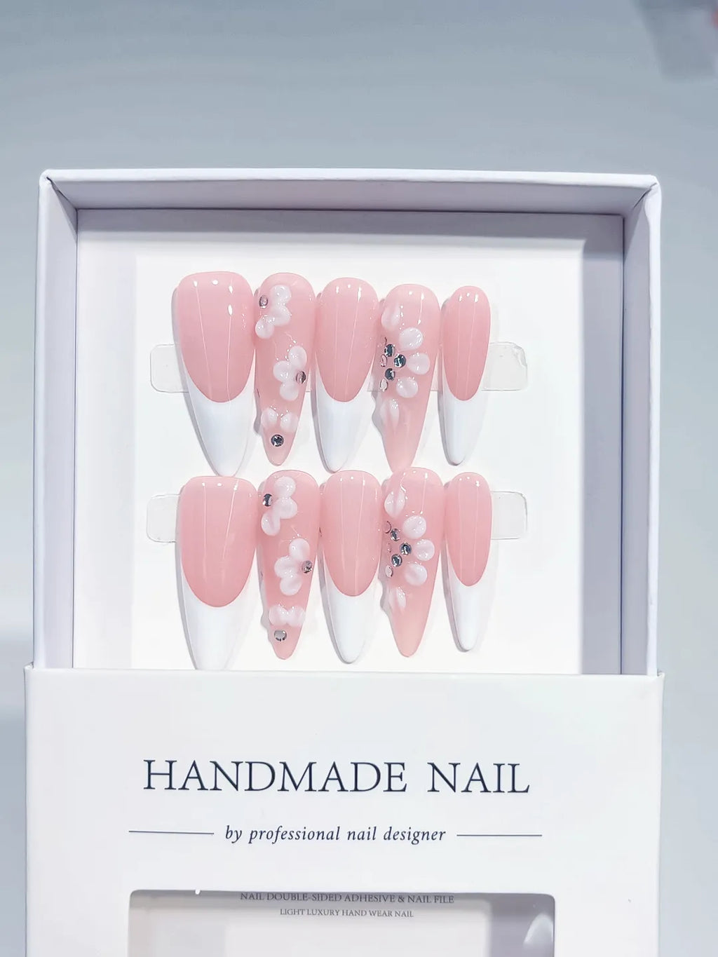 Pink White French tip Flower Rhinestone press on nails angled view
