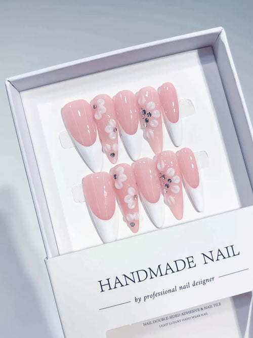 Pink White French tip Flower Rhinestone press on nails full set view