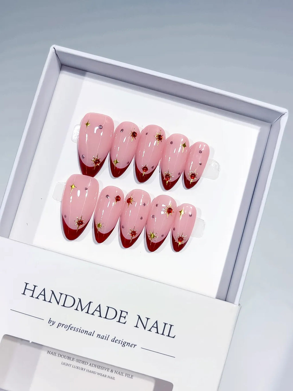 Pink Red Gold French tip Star Rhinestone press on nails