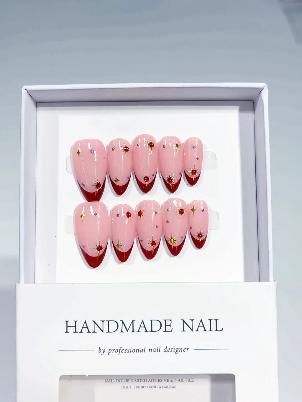Pink Red Gold French tip Star Rhinestone press on nails full set view