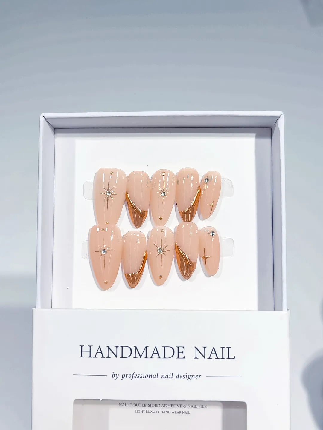 Nude Gold Metallic Star Rhinestone press on nails full set view