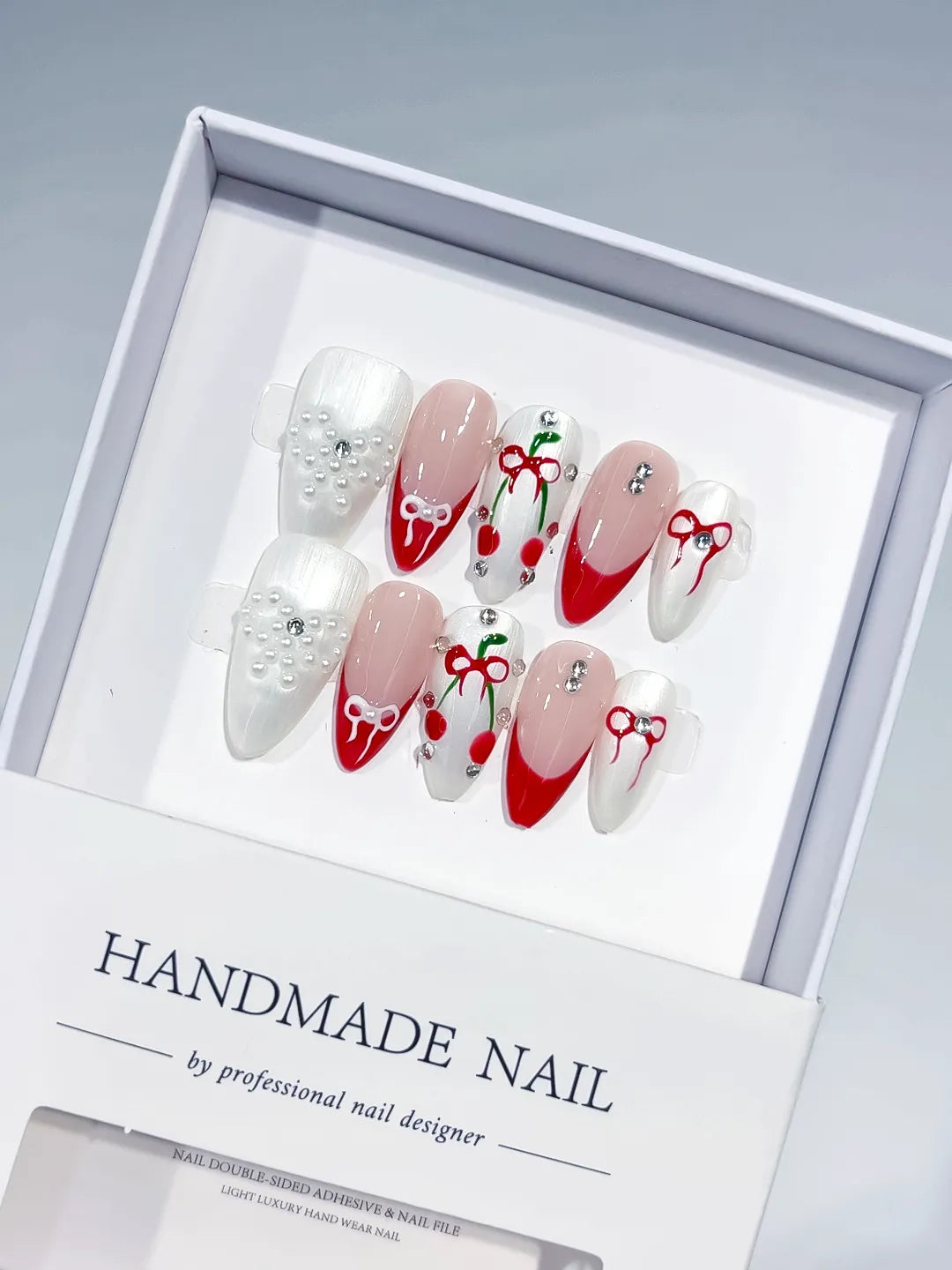 White Red Nude French tip Bow Cherry Pearl press on nails