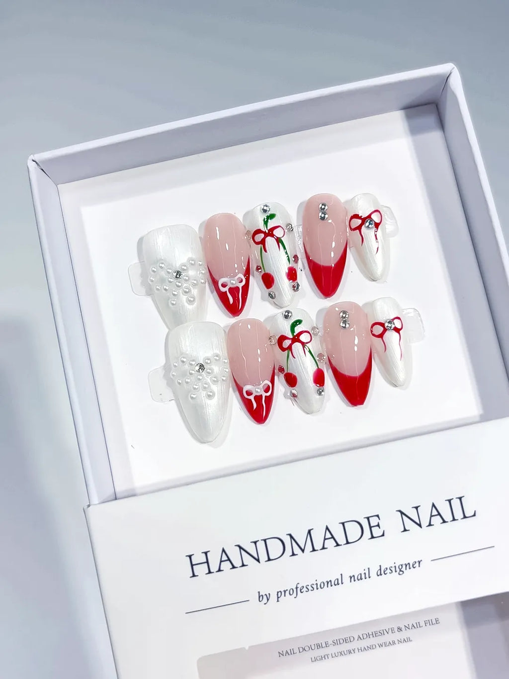 White Red Nude French tip Bow Cherry Pearl press on nails full set view