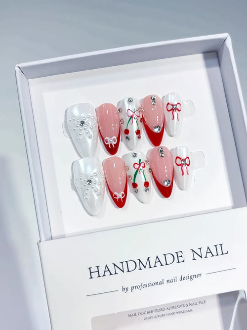 White Red Nude French tip Bow Cherry Pearl press on nails full set view
