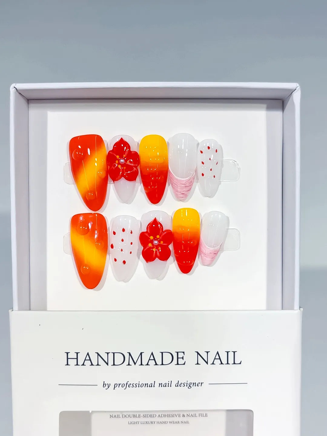 Red Orange Yellow White Ombre Flower Dot Pattern press on nails detail view