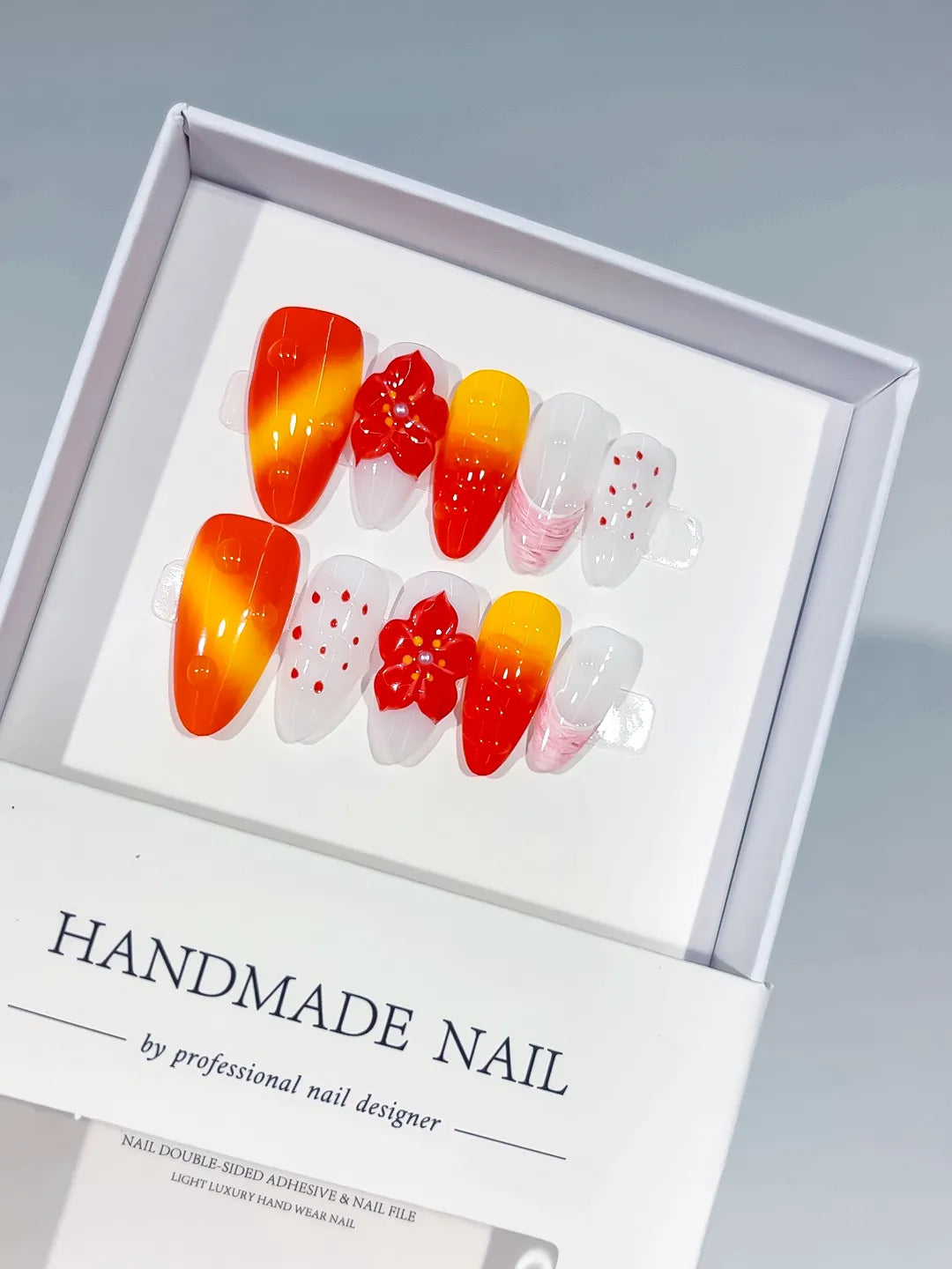 Red Orange Yellow White Ombre Flower Dot Pattern press on nails