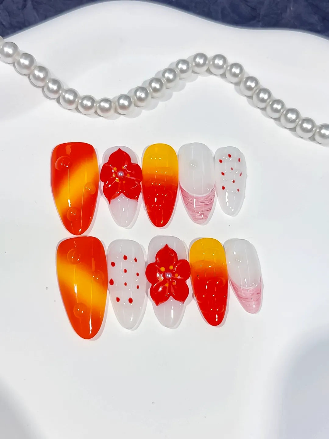 Red Orange Yellow White Ombre Flower Dot Pattern press on nails close up