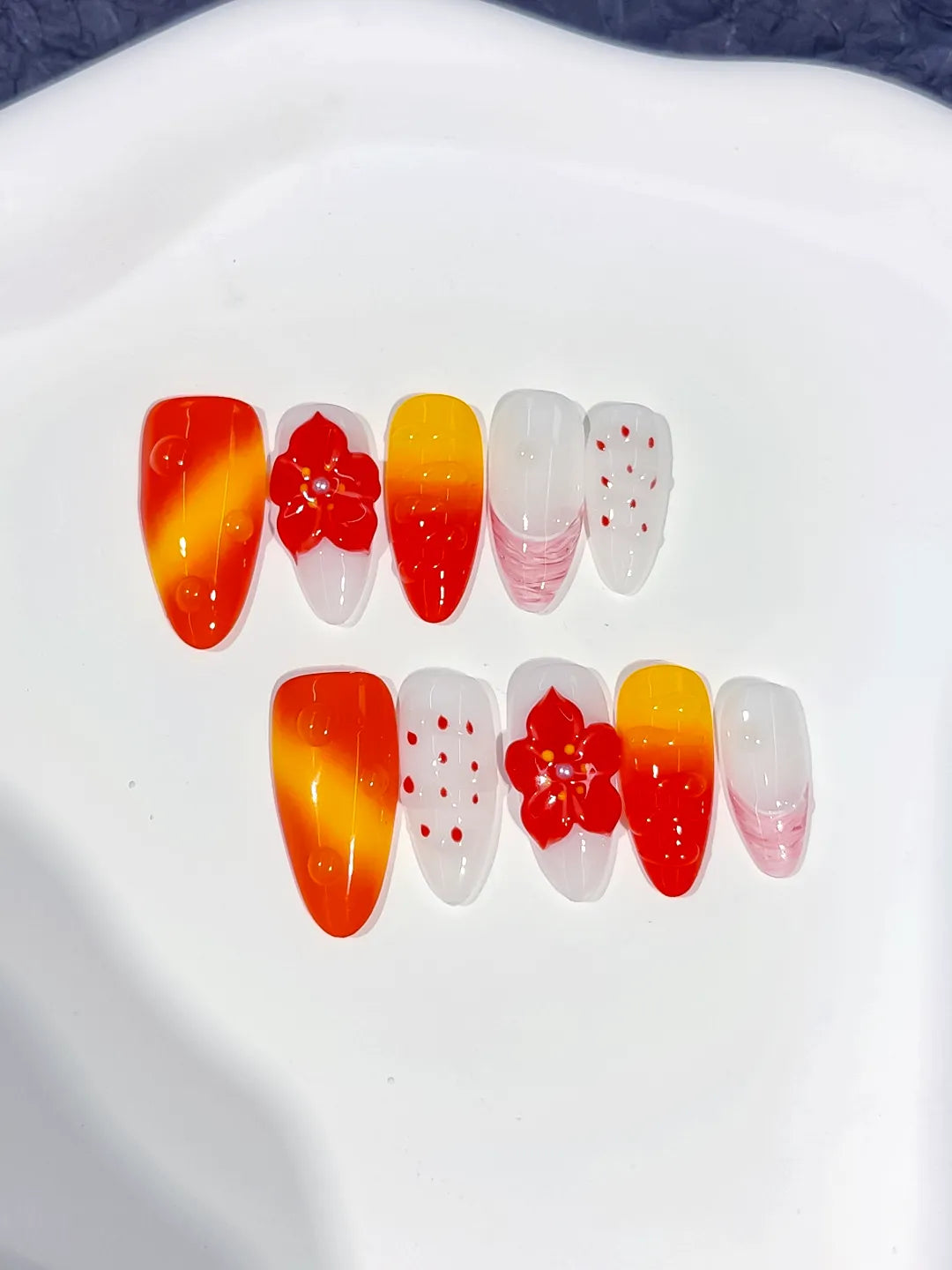 Red Orange Yellow White Ombre Flower Dot Pattern press on nails full set view