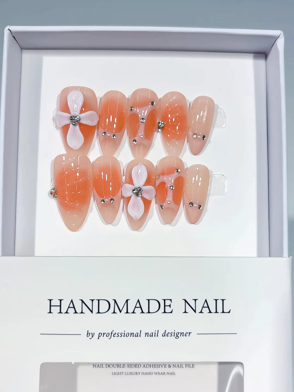 Nude White Silver Ombre Flower Rhinestone press on nails detail view