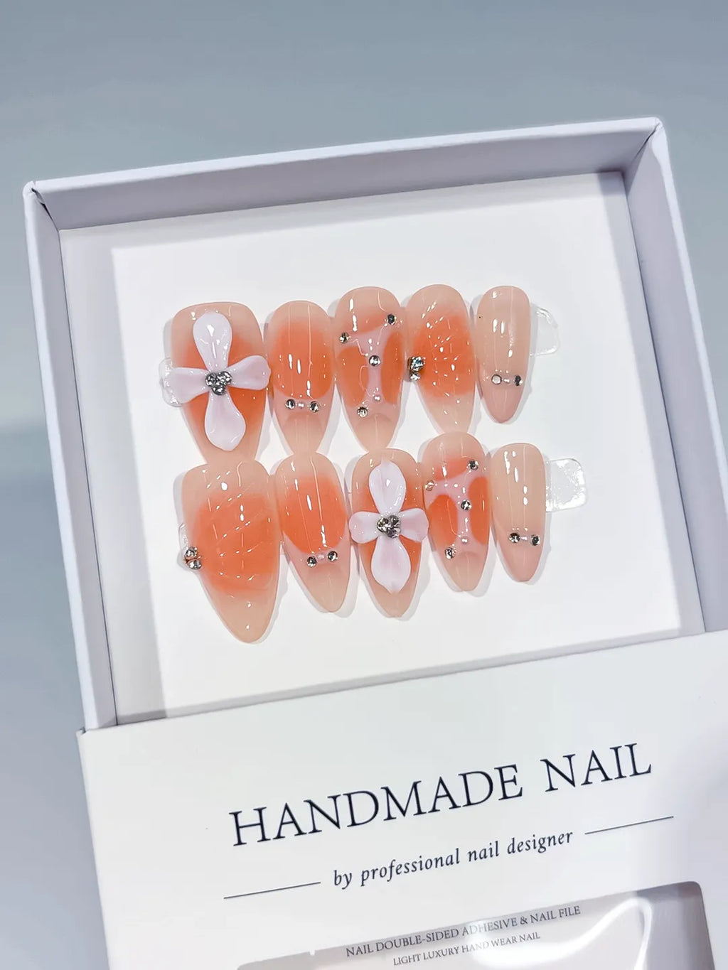 Nude White Silver Ombre Flower Rhinestone press on nails close up