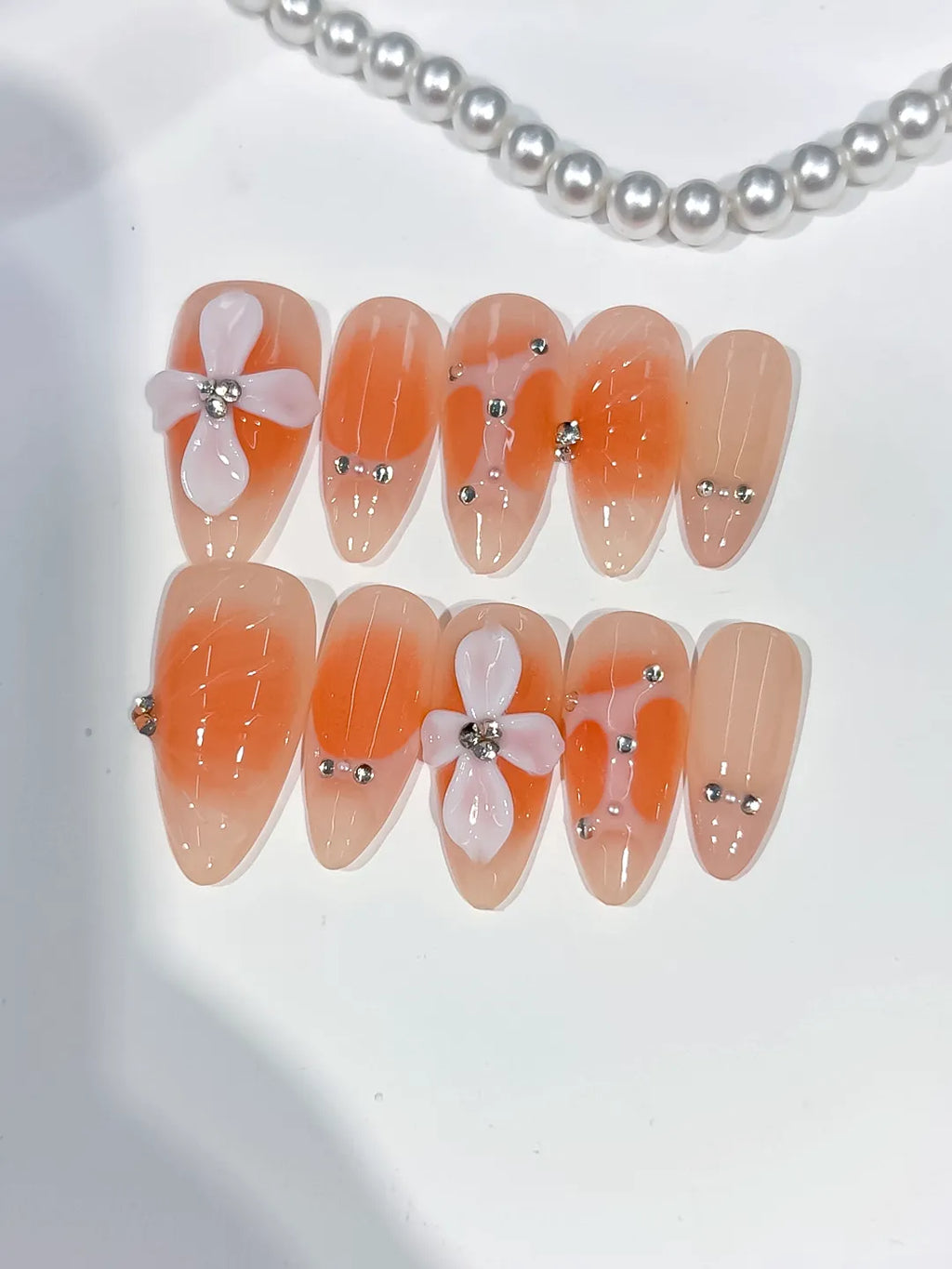 Nude White Silver Ombre Flower Rhinestone press on nails full set view
